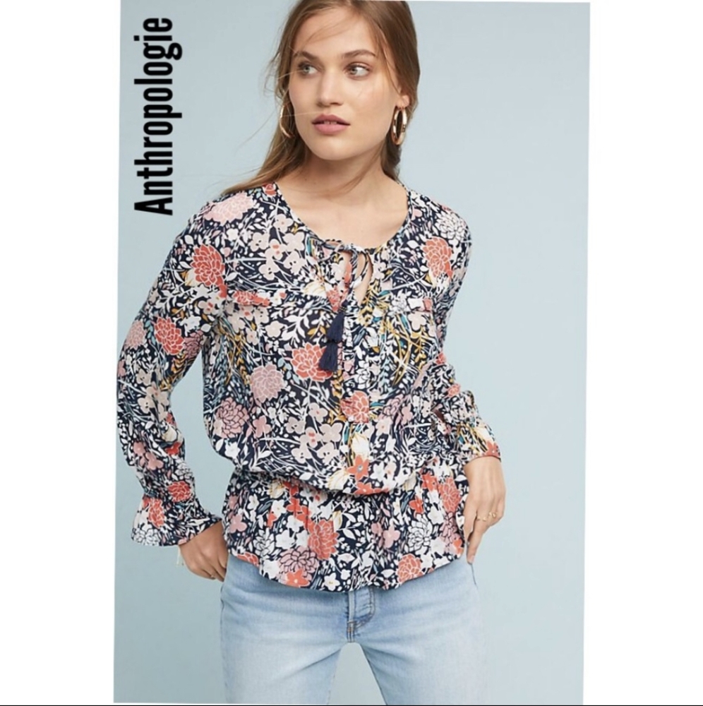 ANTHROPOLOGIE MAEVE Begonia Peasant Top Floral Tassels Boho Small